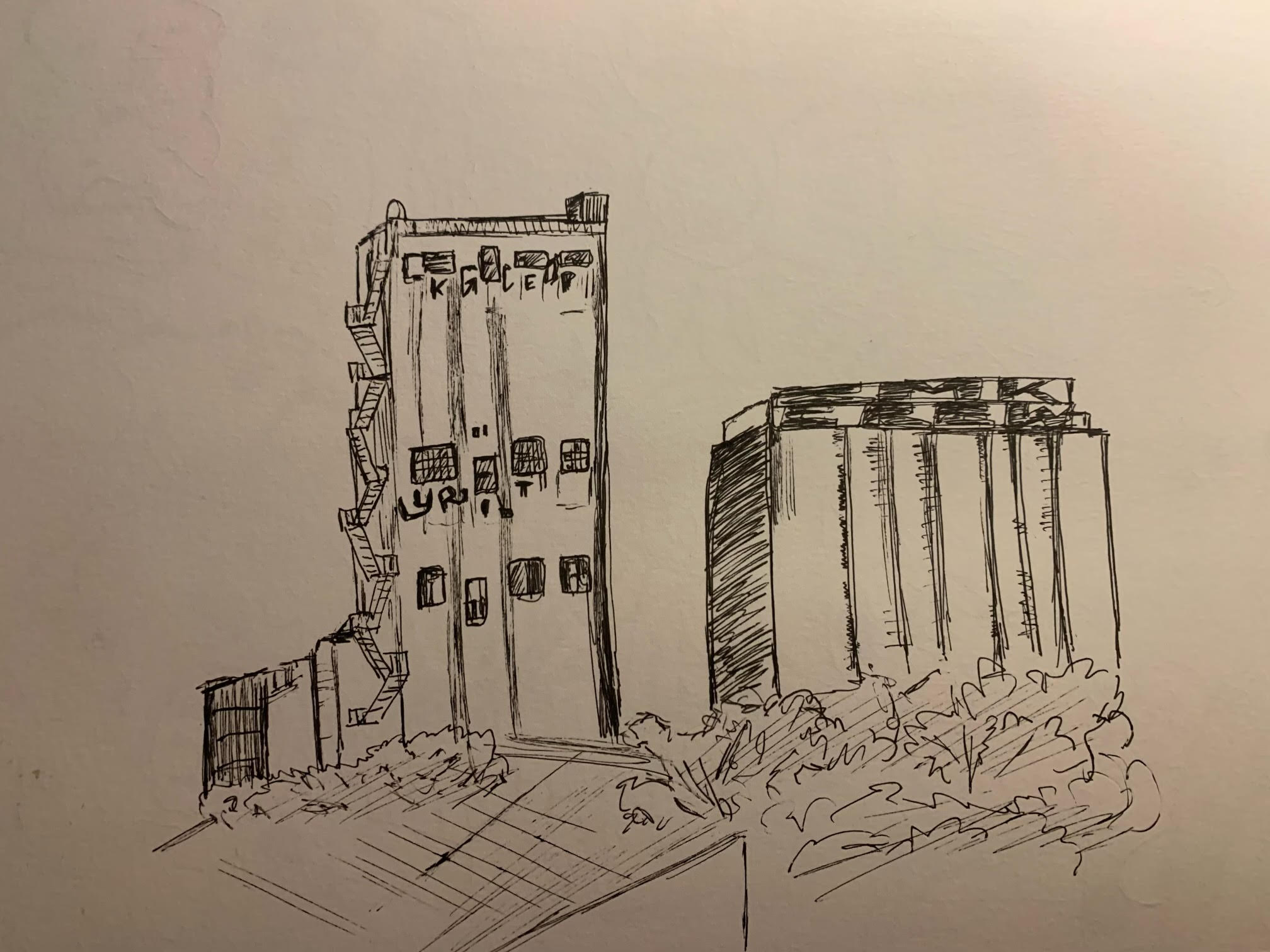 sketch of Damen Silos, CMK graffiti